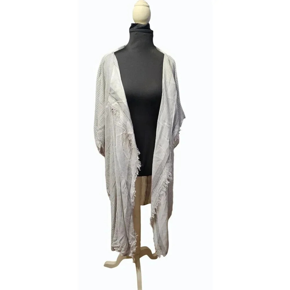 Thin Lightweight Shawl Wrap Wide Sleeves Side Slits Fringe Vertical Stripes OS